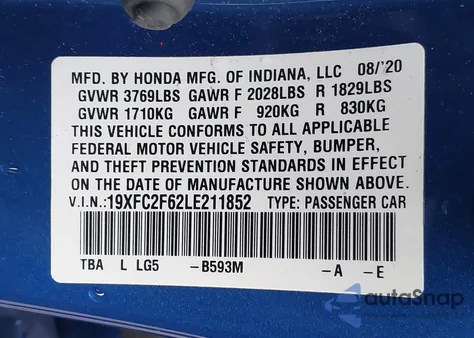 2020 Honda Civic Lx из США, поврежденный, VIN 19XFC2F62LE211852